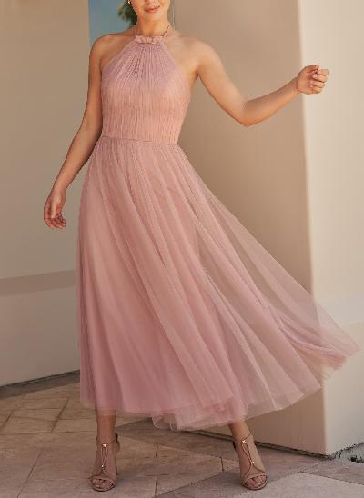 Short Tulle Open Back Bridesmaid Dresses With Pleated