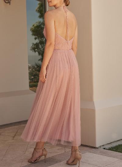 Short Tulle Open Back Bridesmaid Dresses With Pleated