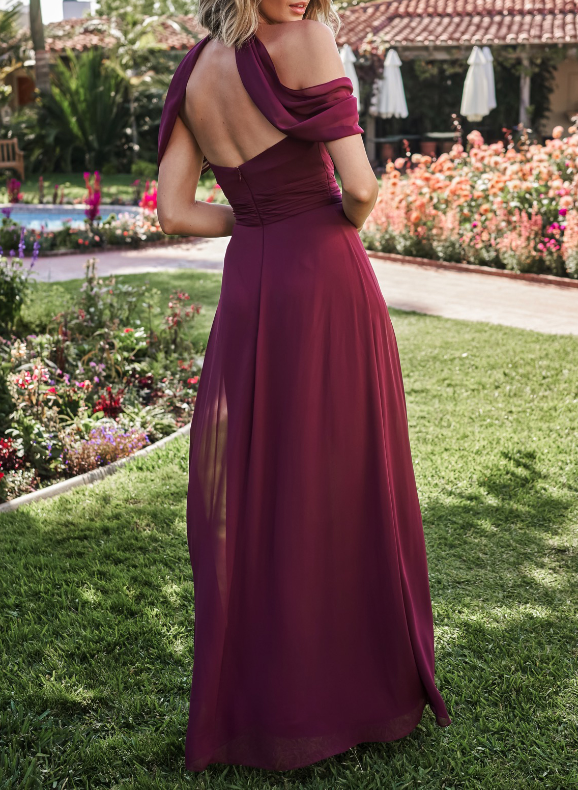 Off-the-Shoulder A-Line Bridesmaid Dresses With Open Back Chiffon