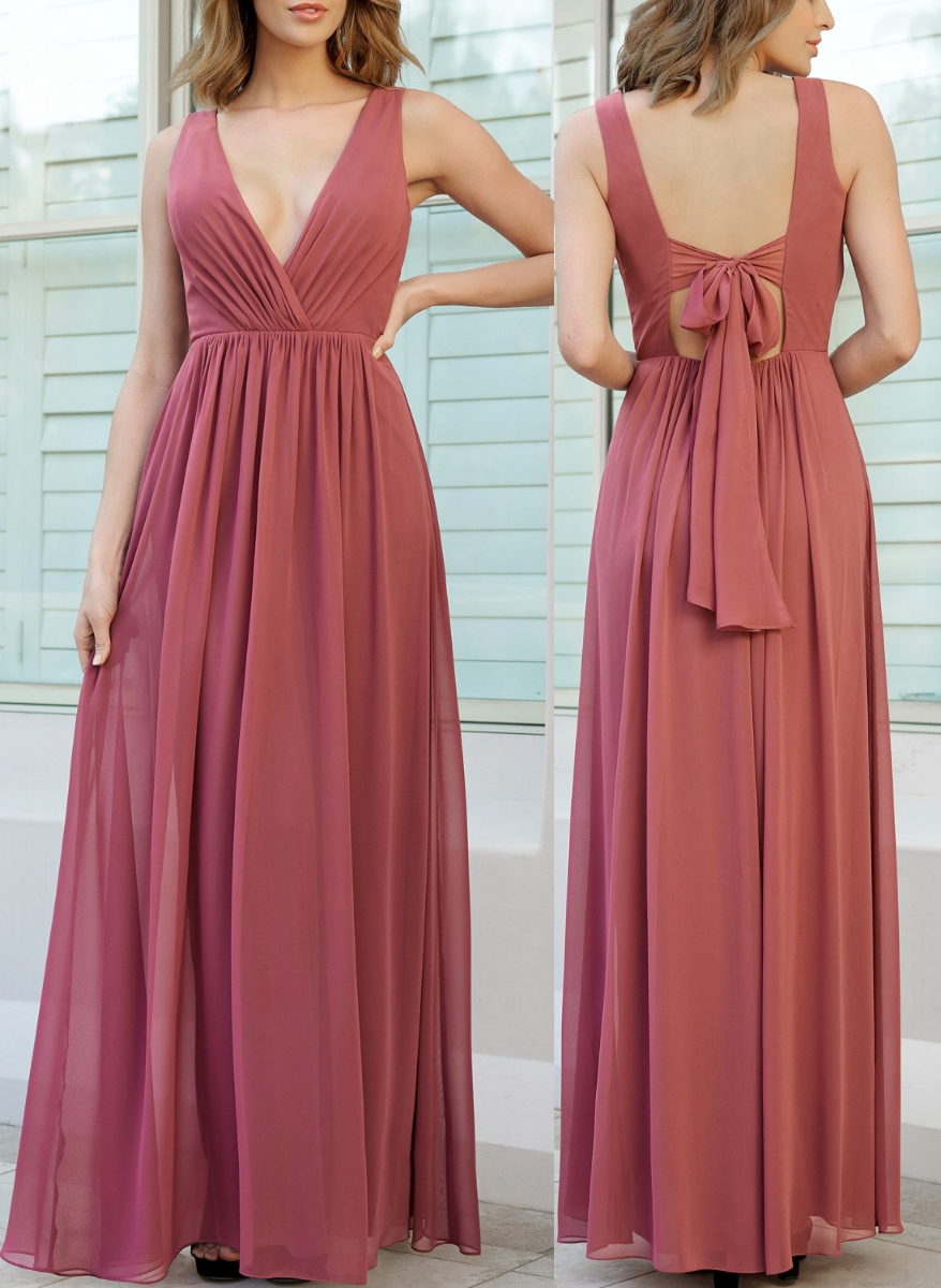 Open Back V-neck A-Line Bridesmaid Dresses With Chiffon