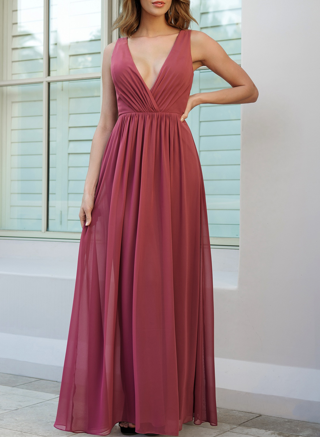 Open Back V-neck A-Line Bridesmaid Dresses With Chiffon