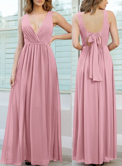 Open Back V-Neck A-Line Bridesmaid Dresses With Chiffon