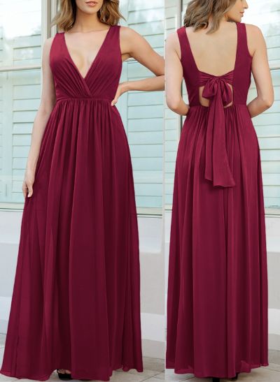 Open Back V-Neck A-Line Bridesmaid Dresses With Chiffon