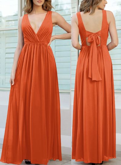 Open Back V-Neck A-Line Bridesmaid Dresses With Chiffon