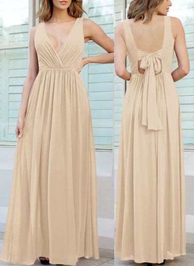 Open Back V-Neck A-Line Bridesmaid Dresses With Chiffon