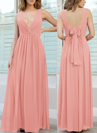 Open Back V-Neck A-Line Bridesmaid Dresses With Chiffon