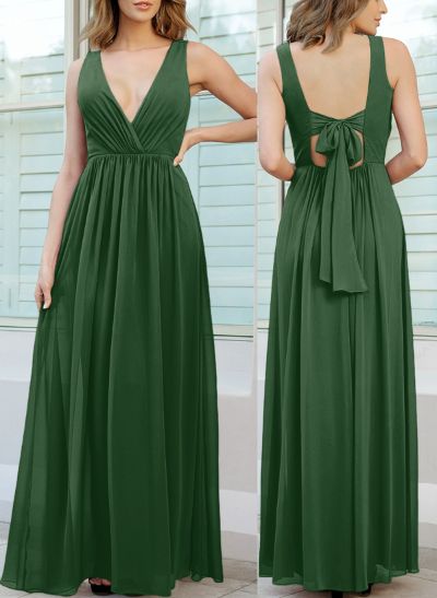 Open Back V-Neck A-Line Bridesmaid Dresses With Chiffon
