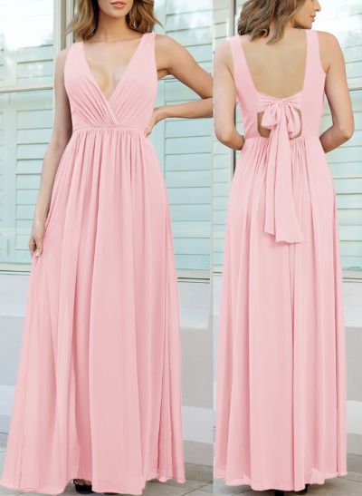 Open Back V-Neck A-Line Bridesmaid Dresses With Chiffon