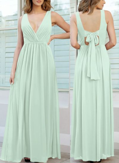 Open Back V-Neck A-Line Bridesmaid Dresses With Chiffon