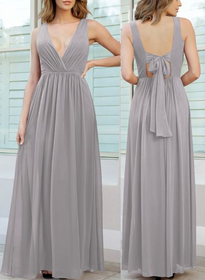 Open Back V-Neck A-Line Bridesmaid Dresses With Chiffon