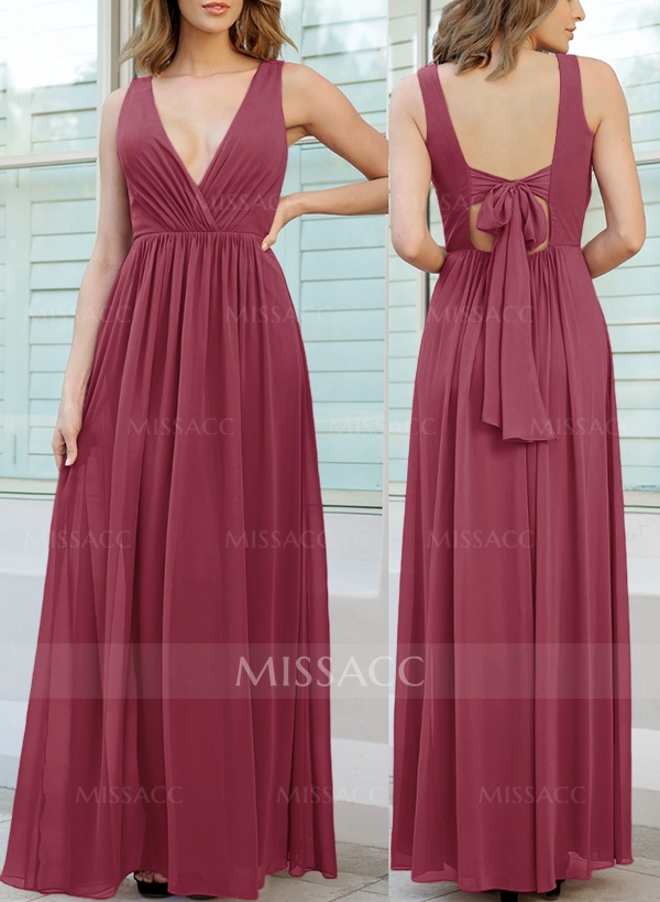 Open Back V-Neck A-Line Bridesmaid Dresses With Chiffon