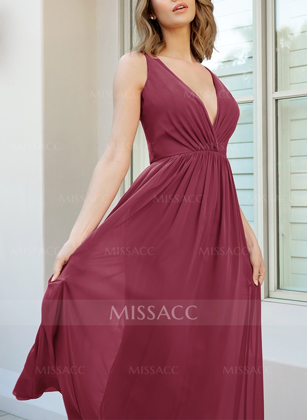 Open Back V-Neck A-Line Bridesmaid Dresses With Chiffon