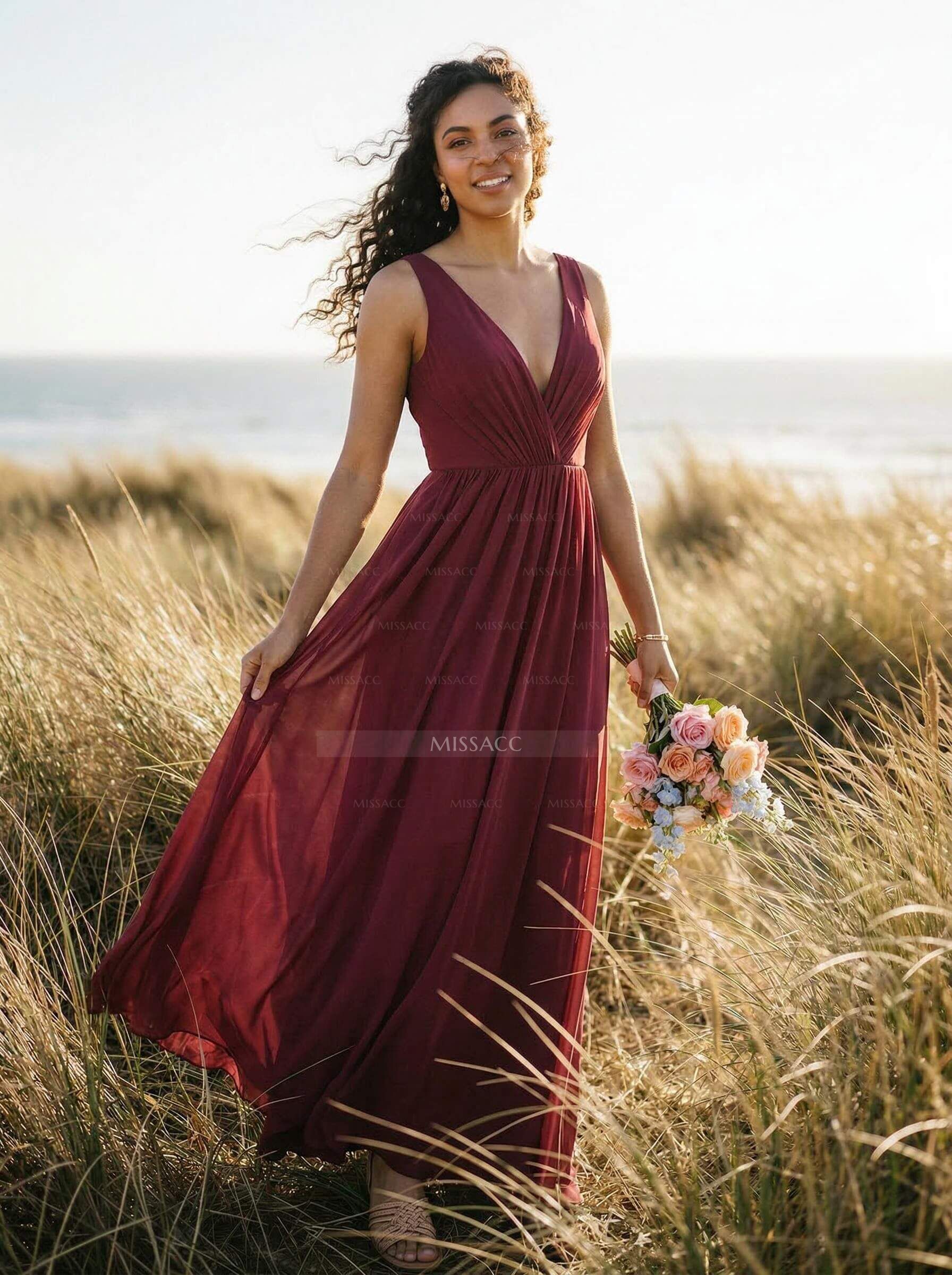 Open Back V-Neck A-Line Bridesmaid Dresses With Chiffon