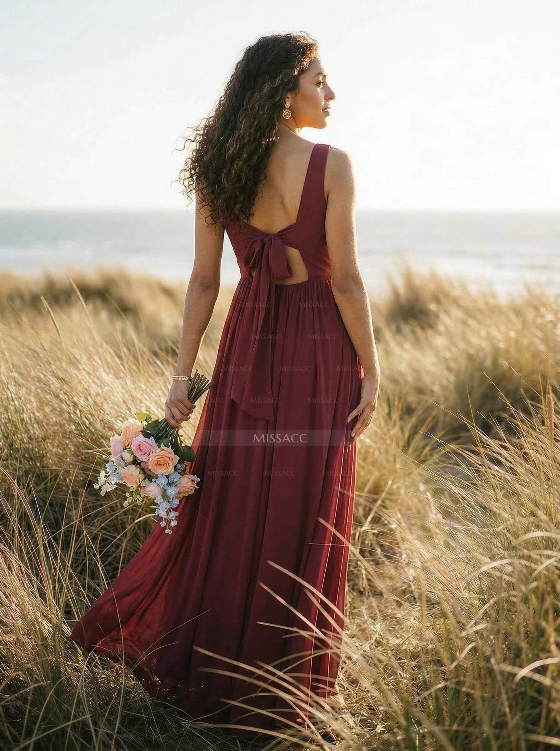 Open Back V-Neck A-Line Bridesmaid Dresses With Chiffon