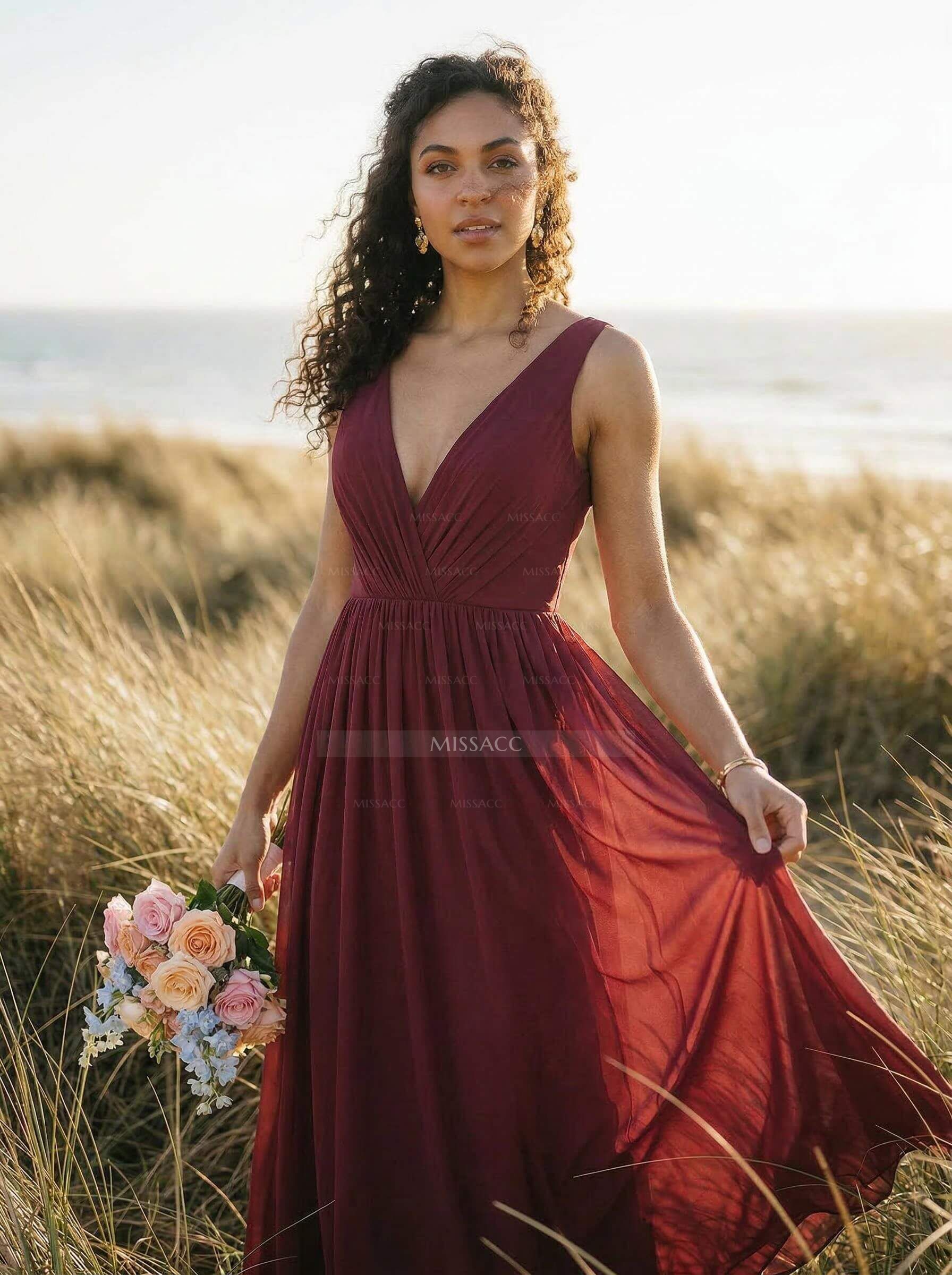 Open Back V-Neck A-Line Bridesmaid Dresses With Chiffon