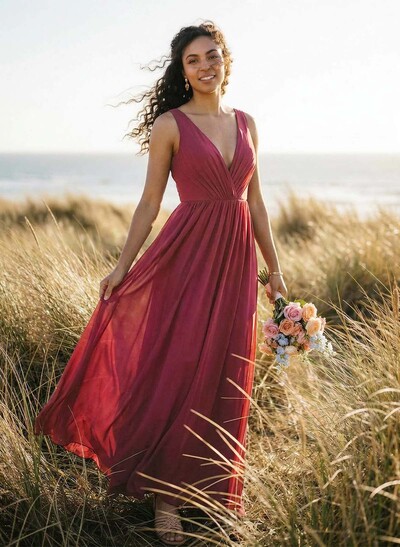 Open Back V-Neck A-Line Bridesmaid Dresses With Chiffon