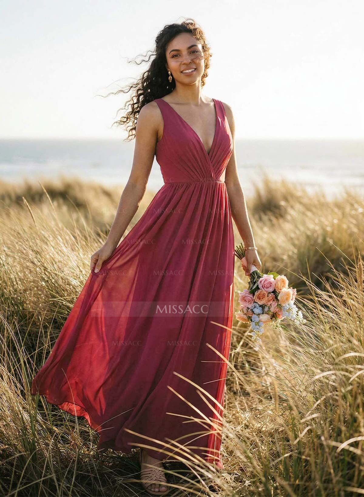Open Back V-Neck A-Line Bridesmaid Dresses With Chiffon
