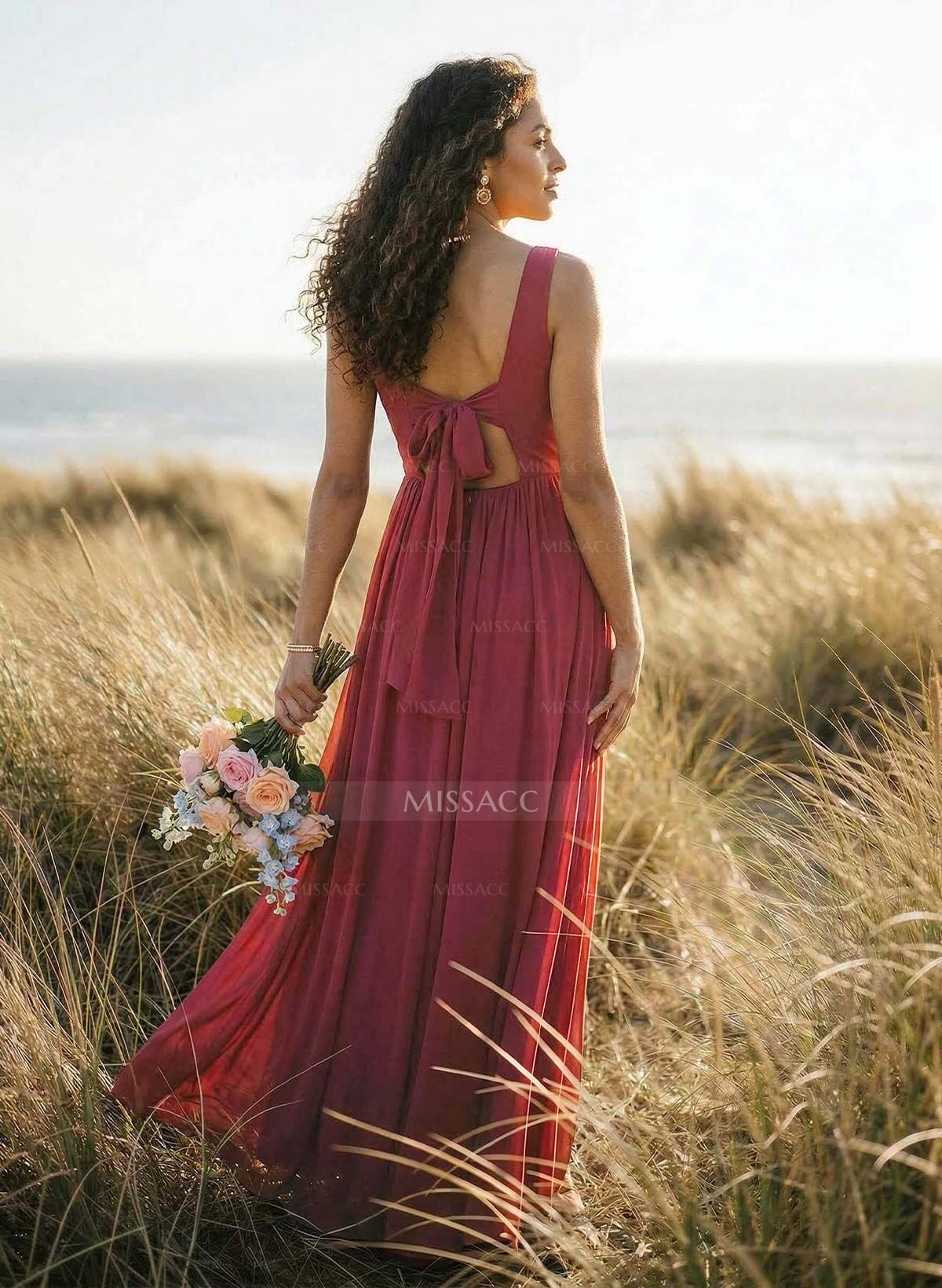 Open Back V-Neck A-Line Bridesmaid Dresses With Chiffon
