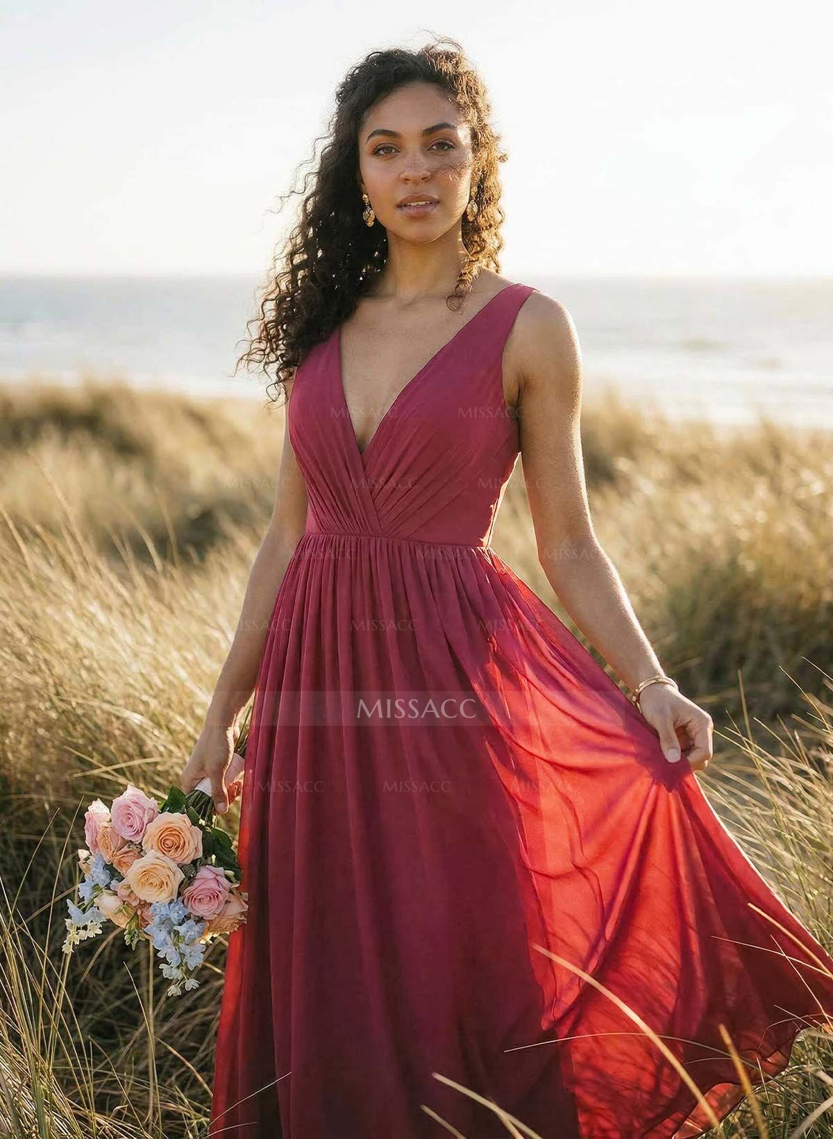 Open Back V-Neck A-Line Bridesmaid Dresses With Chiffon