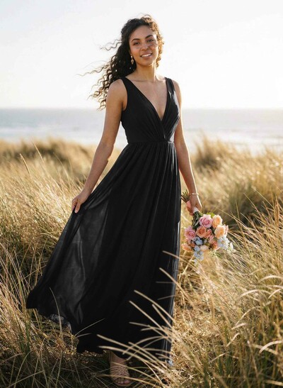 Open Back V-Neck A-Line Bridesmaid Dresses With Chiffon