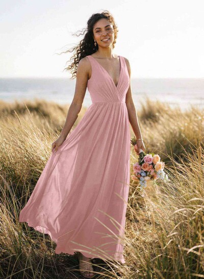 Open Back V-Neck A-Line Bridesmaid Dresses With Chiffon