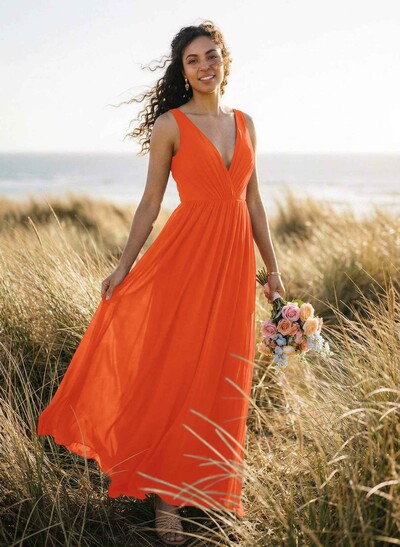 Open Back V-Neck A-Line Bridesmaid Dresses With Chiffon