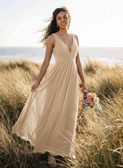 Open Back V-Neck A-Line Bridesmaid Dresses With Chiffon