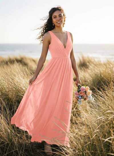Open Back V-Neck A-Line Bridesmaid Dresses With Chiffon