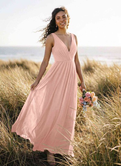 Open Back V-Neck A-Line Bridesmaid Dresses With Chiffon