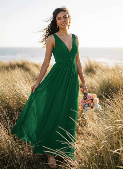 Open Back V-Neck A-Line Bridesmaid Dresses With Chiffon