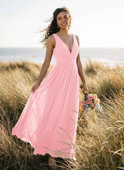 Open Back V-Neck A-Line Bridesmaid Dresses With Chiffon