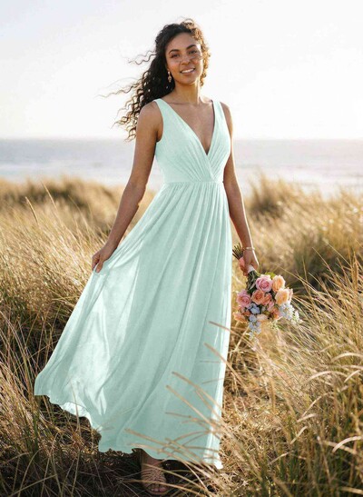 Open Back V-Neck A-Line Bridesmaid Dresses With Chiffon