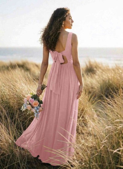 Open Back V-Neck A-Line Bridesmaid Dresses With Chiffon