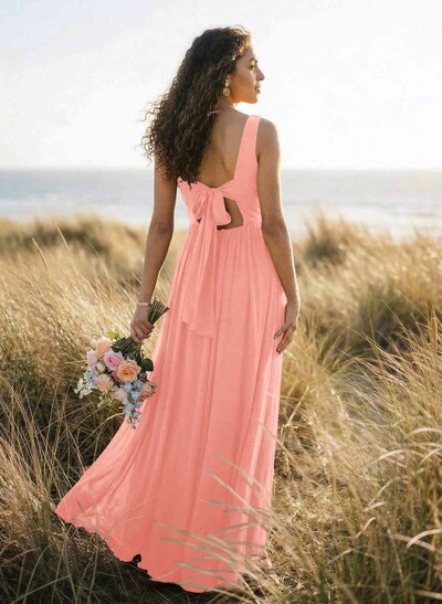 Open Back V-Neck A-Line Bridesmaid Dresses With Chiffon