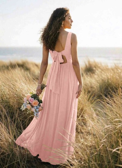 Open Back V-Neck A-Line Bridesmaid Dresses With Chiffon