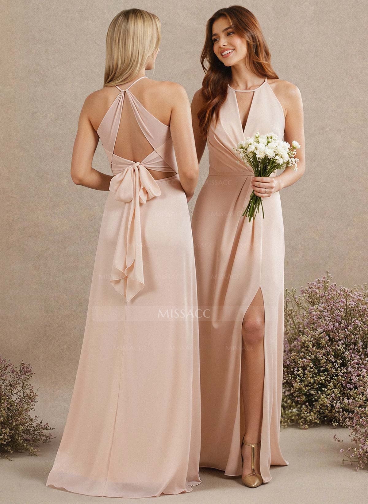 Open Back A-Line Bridesmaid Dresses With Chiffon