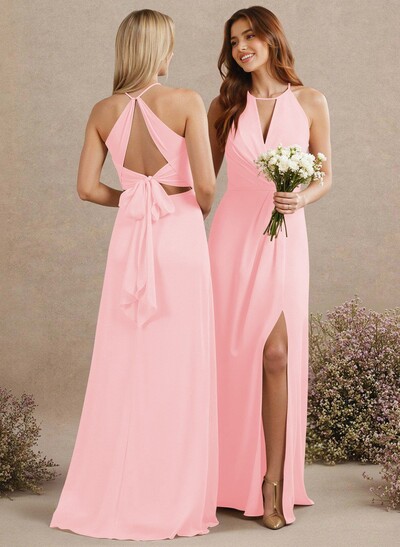 Open Back A-Line Bridesmaid Dresses With Chiffon