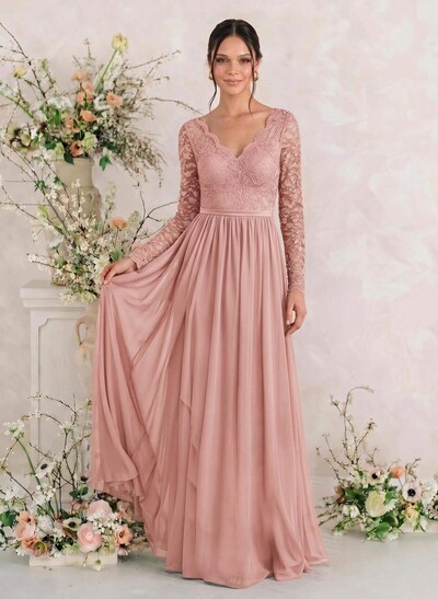 Long Sleeves Lace A-Line Bridesmaid Dresses