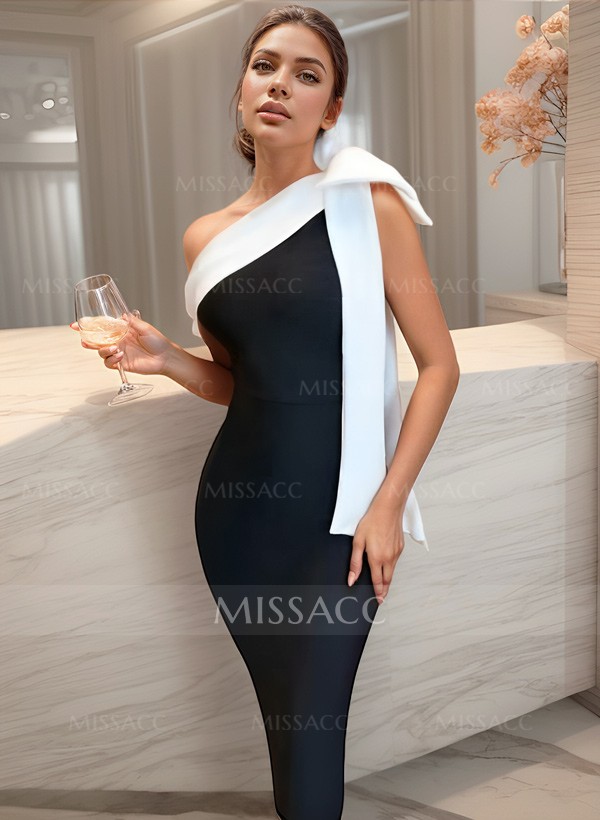 Sheath/Column One-Shoulder Sleeveless Tea-Length Satin Cocktail Dresses