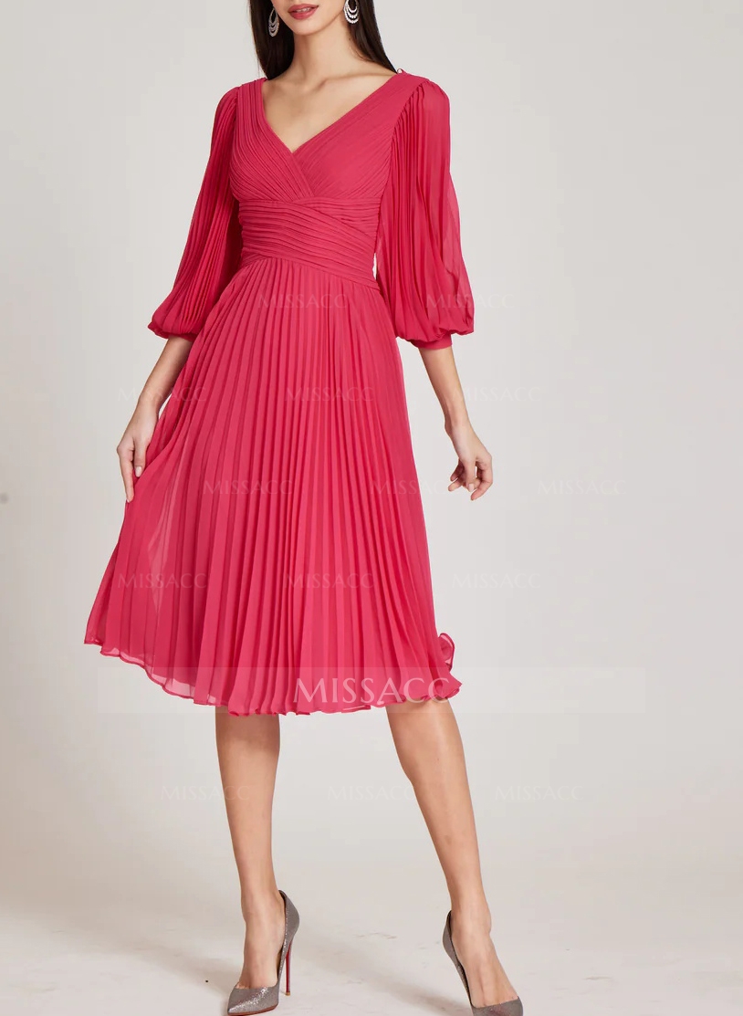 Red Pleated Long Sleeves A-Line Cocktail Dresses