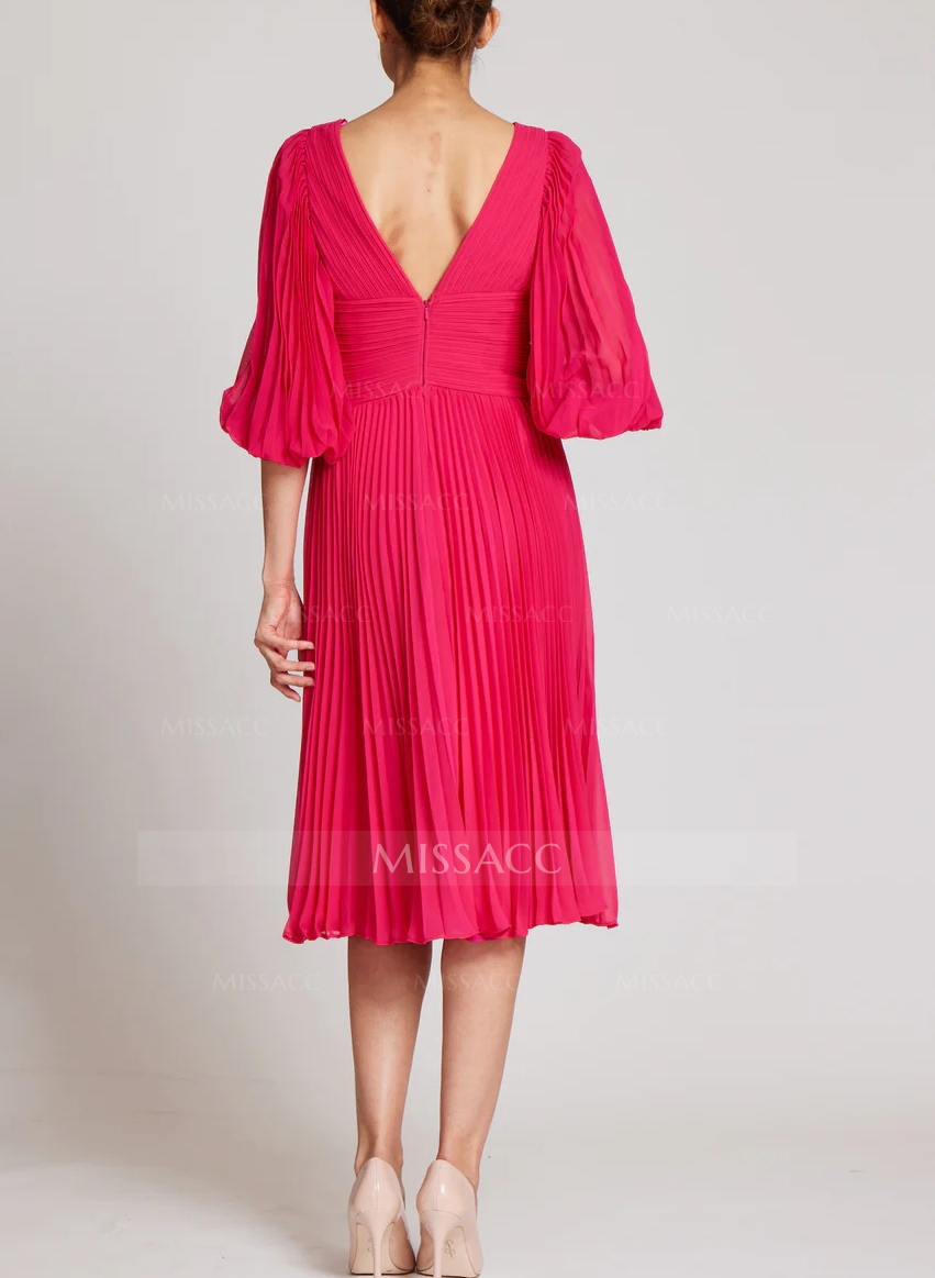 Red Pleated Long Sleeves A-Line Cocktail Dresses