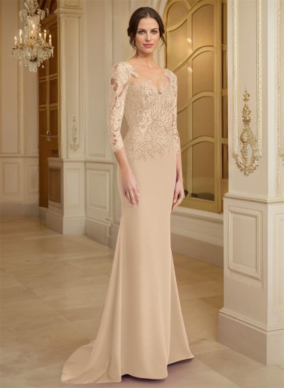 Illusion Neck Mermaid Sleeves Evening Dresses With Lace