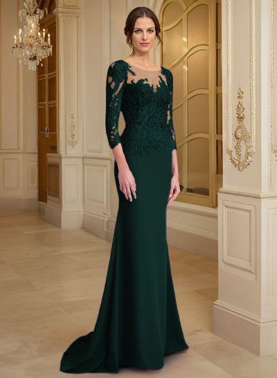 Illusion Neck Mermaid Sleeves Evening Dresses With Lace