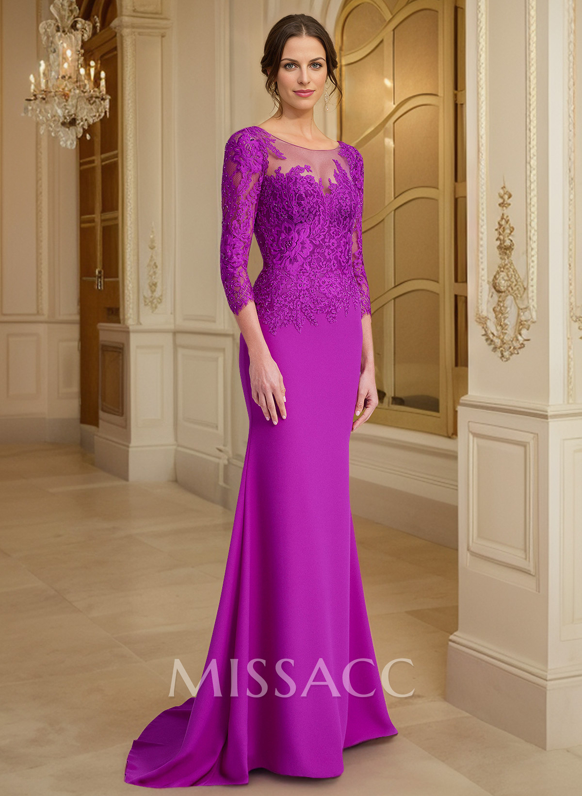 Illusion Neck Mermaid Sleeves Evening Dresses With Lace
