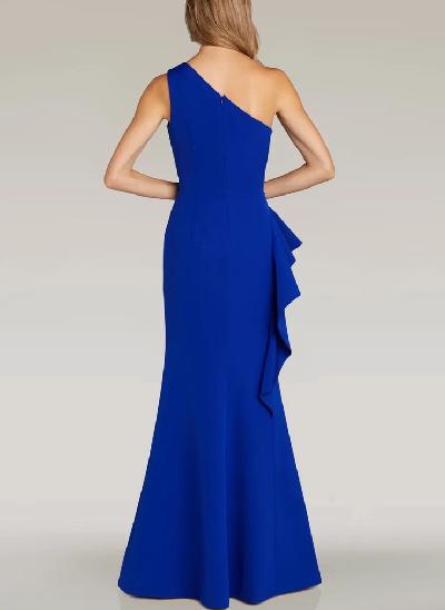 Blue One-Shoulder Slit Evening Dresses With Cascading Ruffles