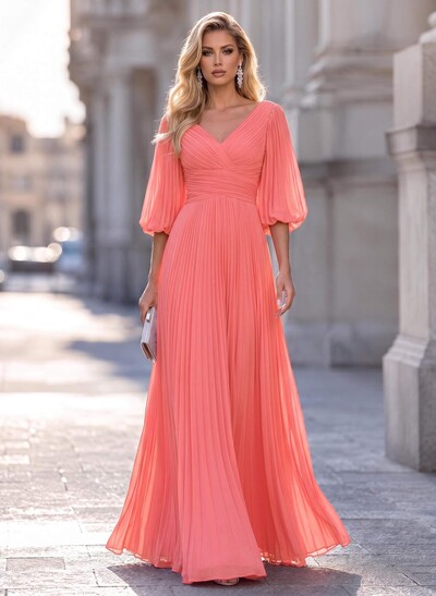 A-Line V-Neck Long Sleeves Floor-Length Chiffon Evening Dresses With Pleated
