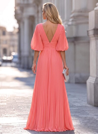 A-Line V-Neck Long Sleeves Floor-Length Chiffon Evening Dresses With Pleated