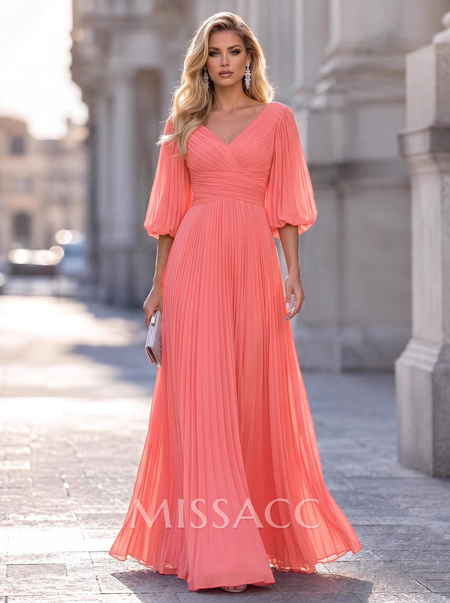 A-Line V-Neck Long Sleeves Floor-Length Chiffon Evening Dresses With Pleated