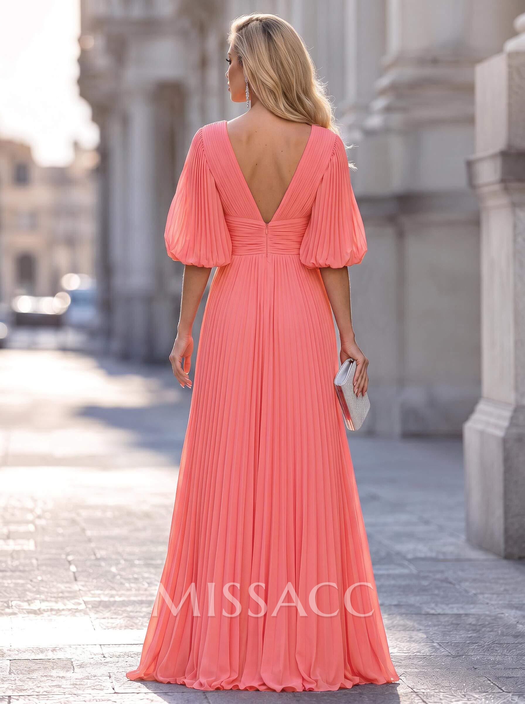 A-Line V-Neck Long Sleeves Floor-Length Chiffon Evening Dresses With Pleated