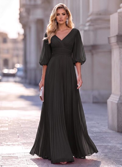 A-Line V-Neck Long Sleeves Floor-Length Chiffon Evening Dresses With Pleated
